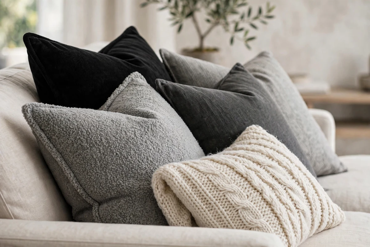 Contemporary living room with layered monochrome throw pillows