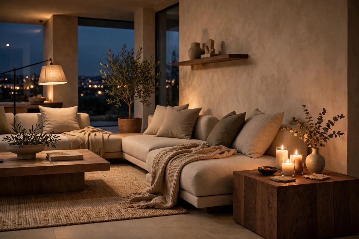 Contemporary living room evening corner with candles and warm light