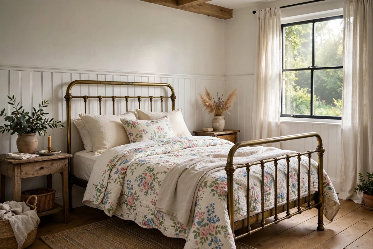 White beadboard wainscoting walls in a cozy cottage bedroom with vintage brass bed