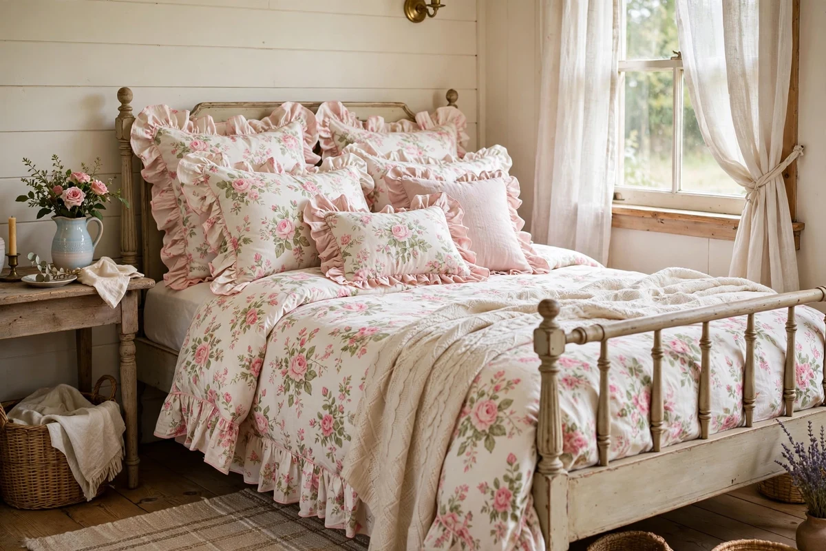 Floral chintz bedding with pink roses and ruffled pillows on a cottage bed