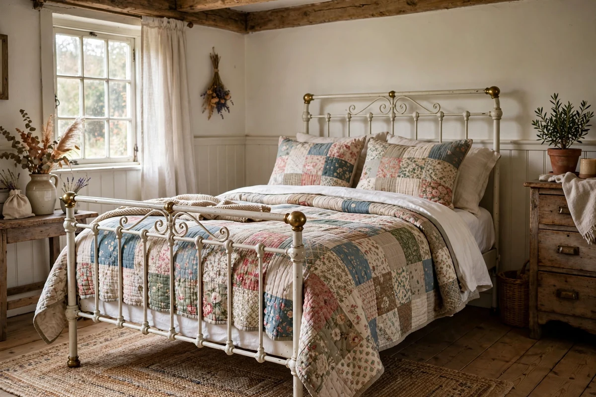 Vintage white cast iron bed frame with brass knobs and patchwork quilt in a cottage bedroom