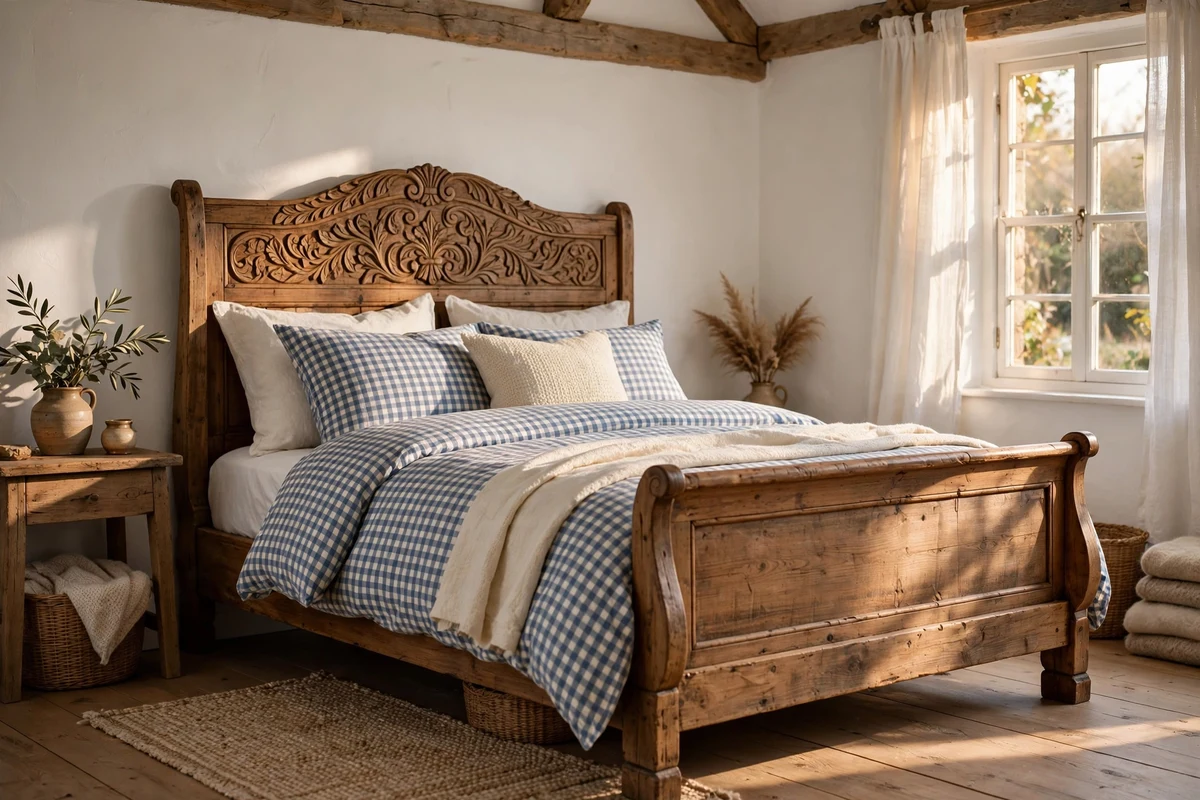 Wooden sleigh bed with gingham duvet in a charming cottage bedroom