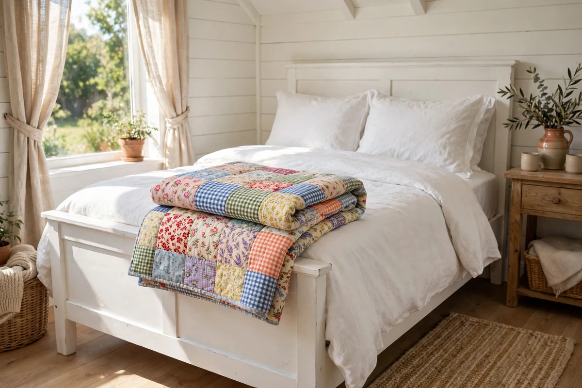 Colorful handmade patchwork quilt folded at the foot of a cottage bed