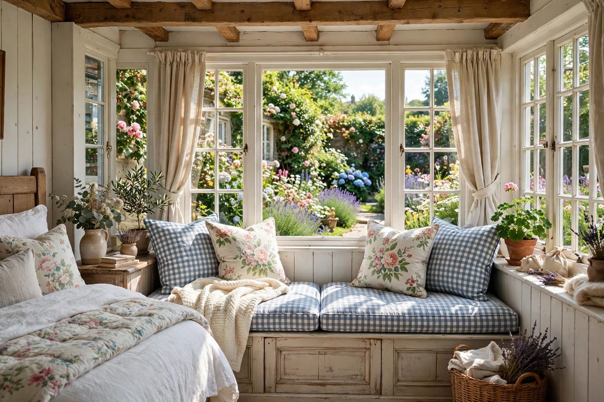 Cozy window seat with gingham cushions overlooking a garden in a cottage bedroom