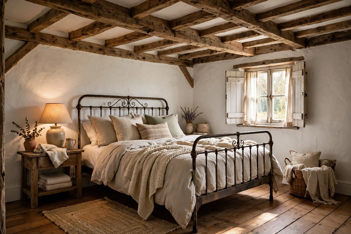 Rustic exposed wooden ceiling beams in a white cottage bedroom