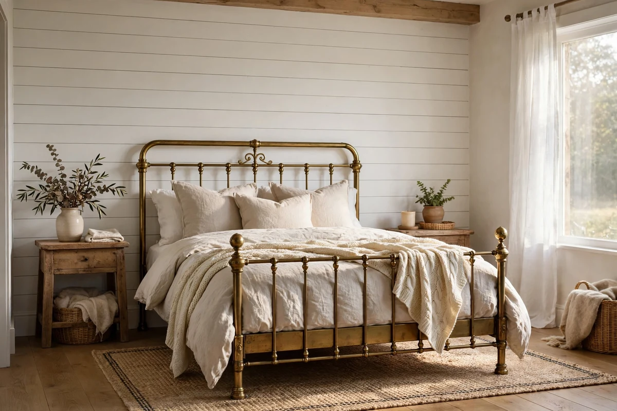 White shiplap accent wall behind a vintage brass bed in a cottage bedroom