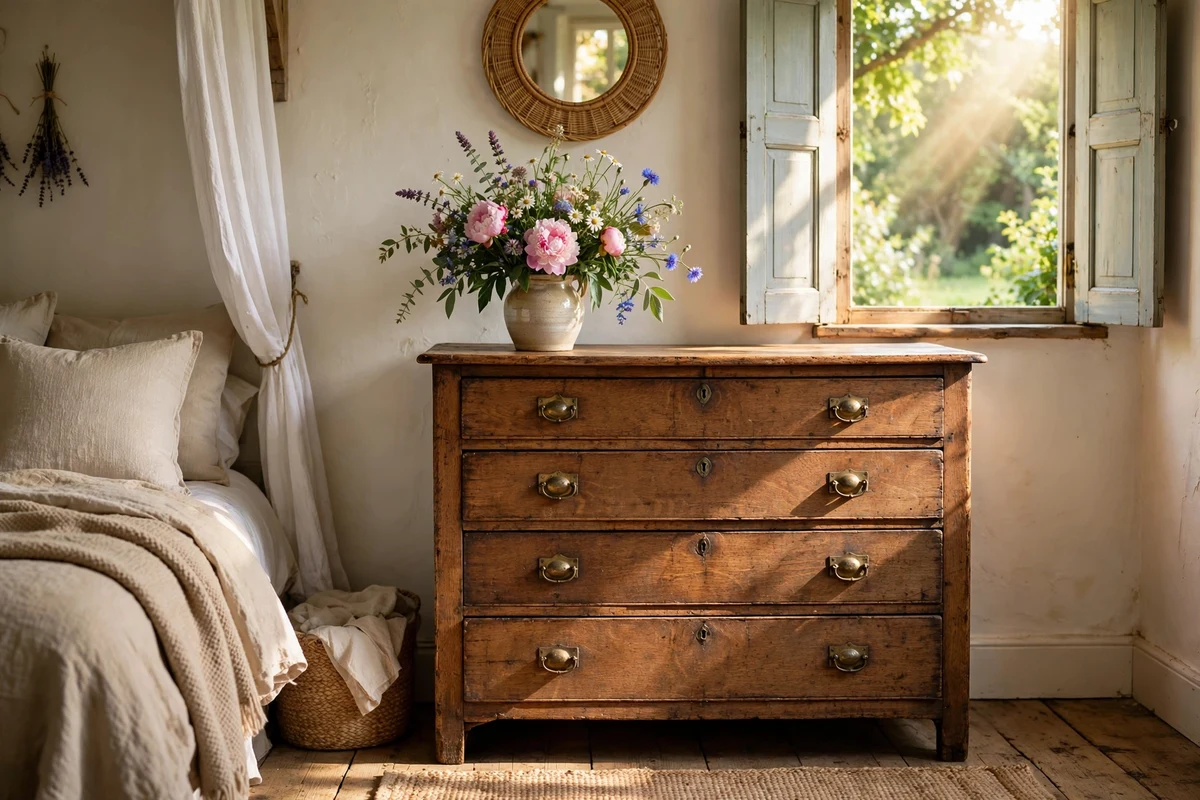 Antique wooden dresser with brass pulls and fresh garden flowers in a cottage bedroom