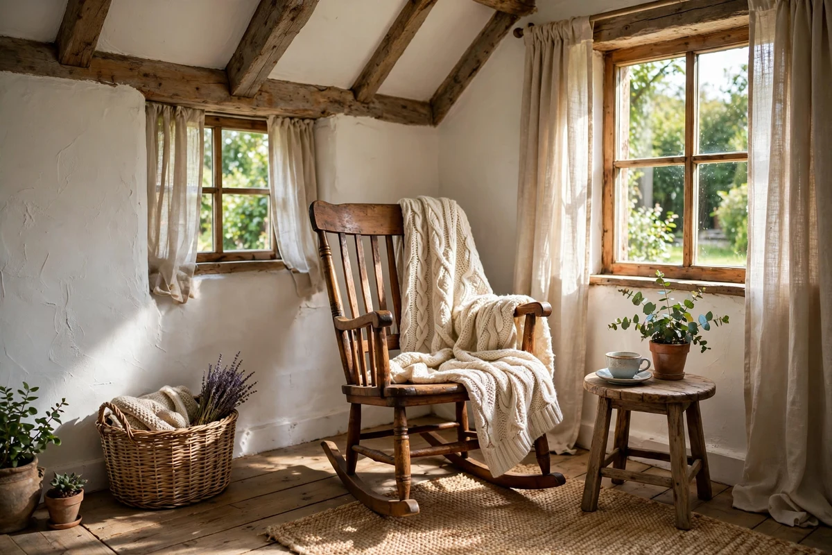 Wooden rocking chair with knit throw in a sunny cottage bedroom corner