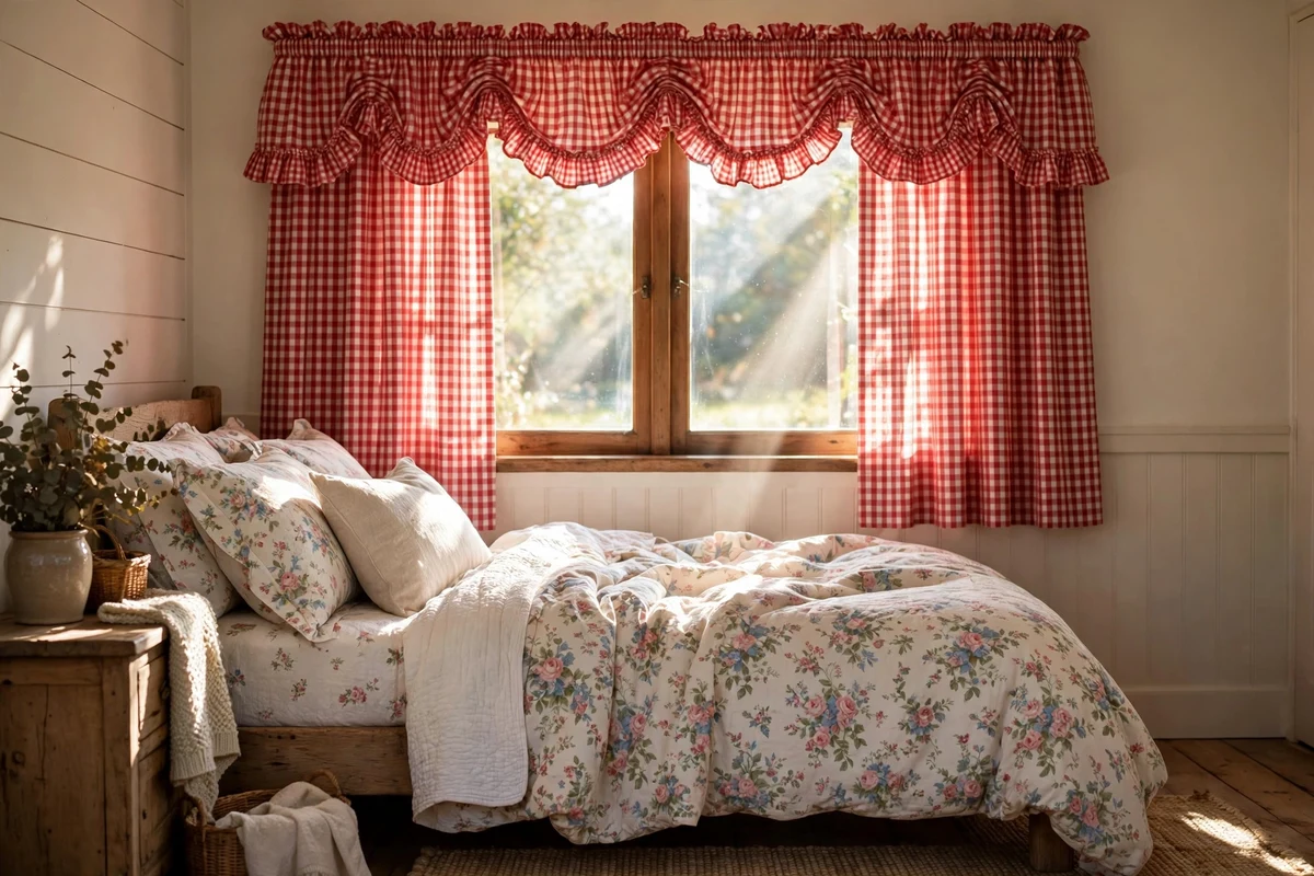 Red gingham curtains with ruffled valance on a cottage bedroom window