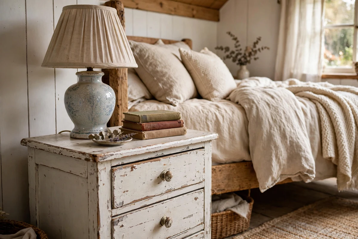 Distressed white painted nightstand with vintage lamp in a cottage bedroom