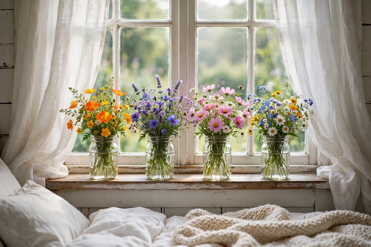 Mason jars with colorful wildflowers on a cottage bedroom windowsill