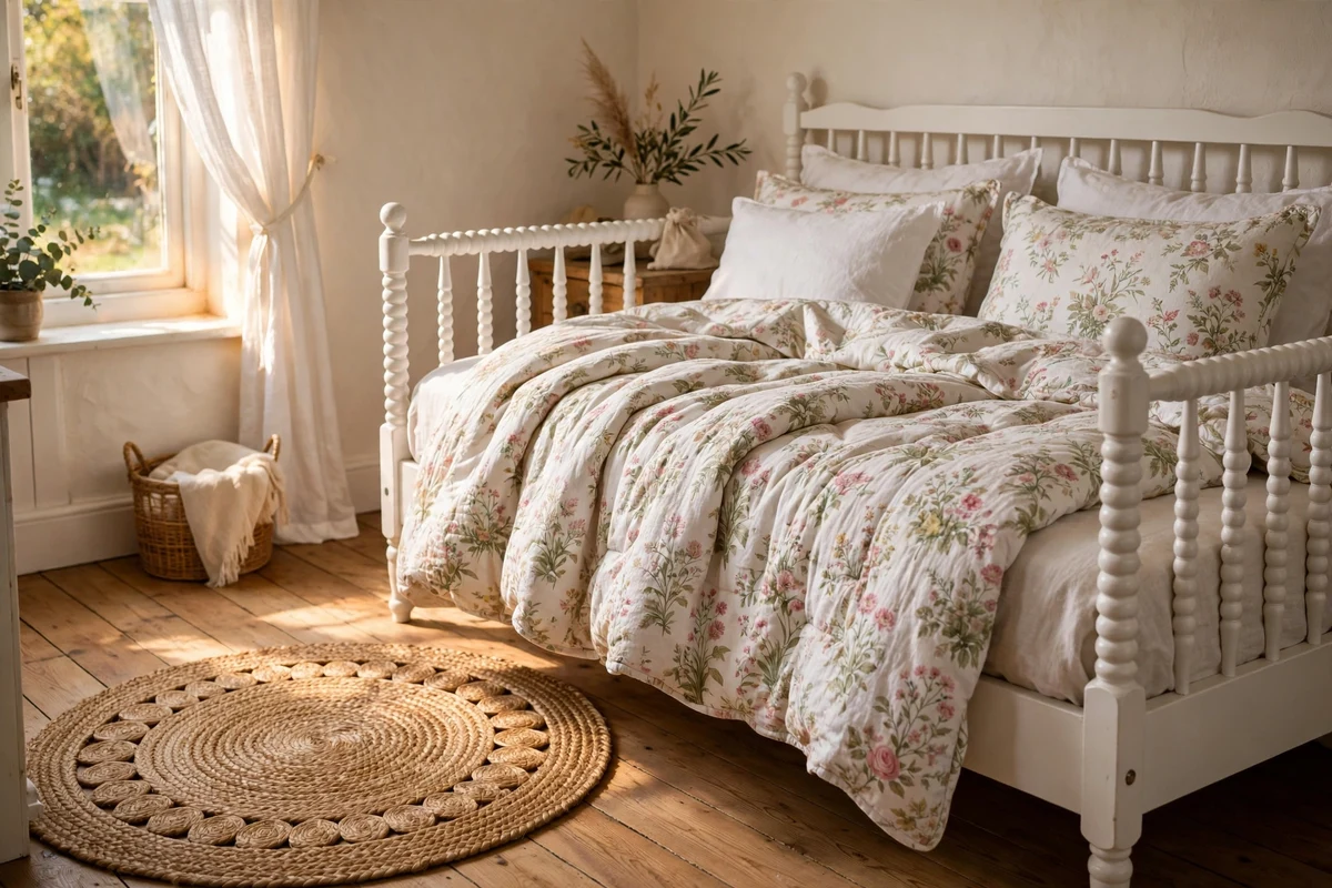 Round braided jute rug beside a white cottage bed with floral bedding