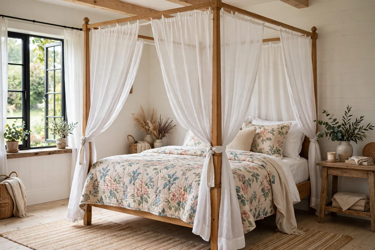 Four-poster canopy bed with sheer white linen drapes in an airy cottage bedroom