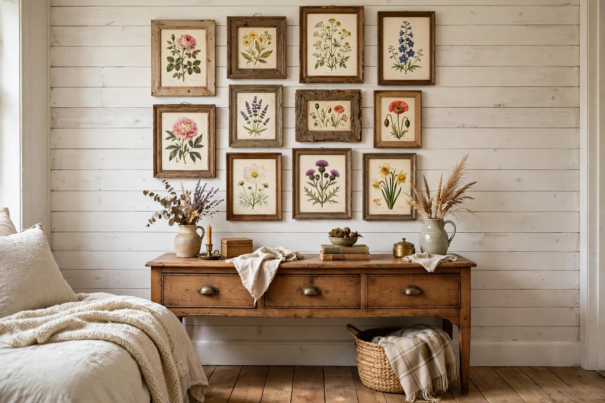Gallery wall of vintage botanical prints in wooden frames in a cottage bedroom