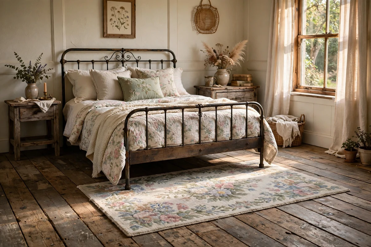 Weathered wide-plank wood floors with a floral rug in a cottage bedroom