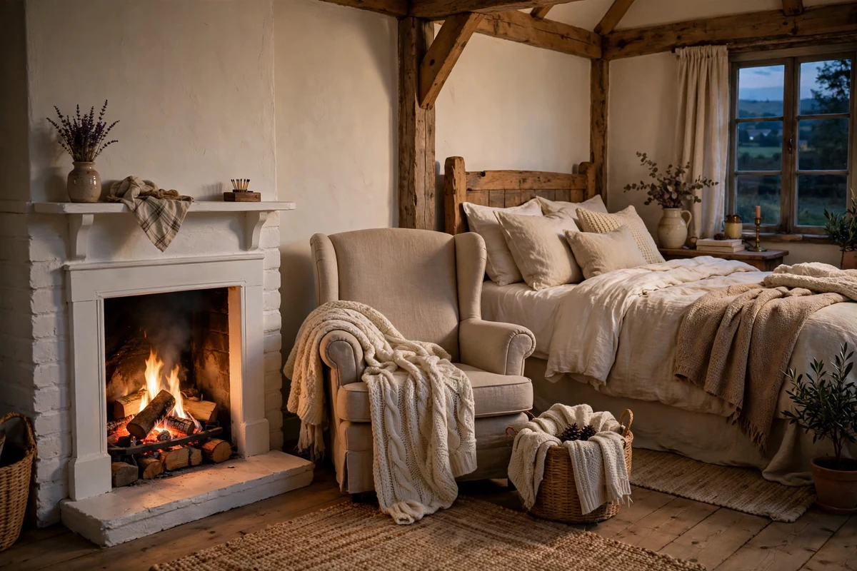Small white fireplace with crackling fire in a cozy cottage bedroom