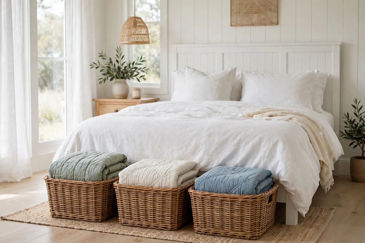 Natural wicker storage baskets with folded quilts at the foot of a cottage bed