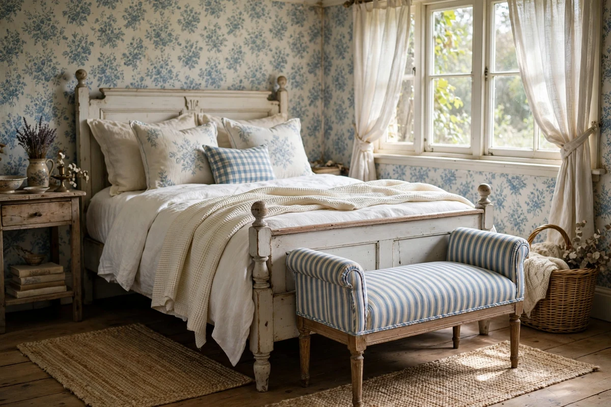Blue and white ticking stripe upholstered bench at the foot of a cottage bed