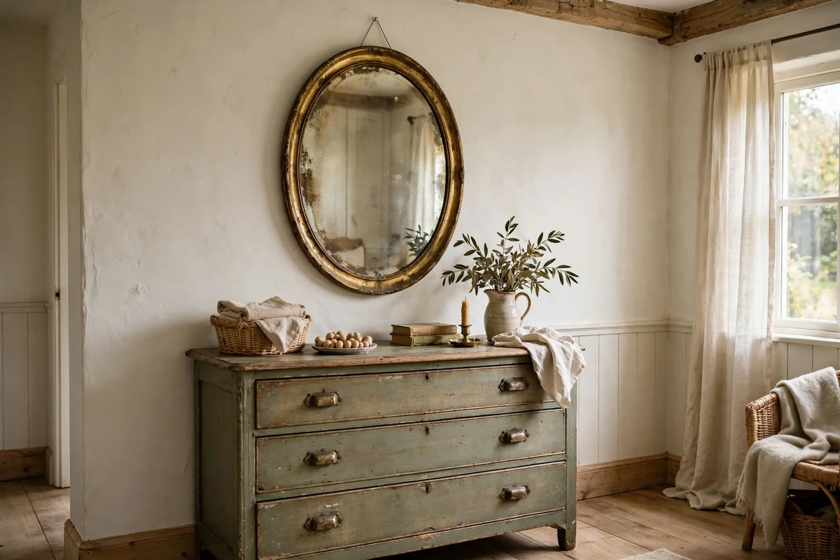 Antique oval mirror with aged gold patina above a dresser in a cottage bedroom