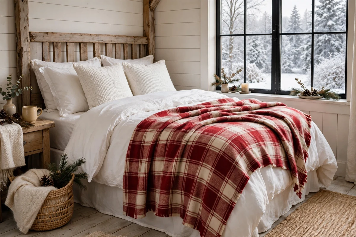 Red and cream plaid flannel throw on a cottage bed in a cozy winter bedroom