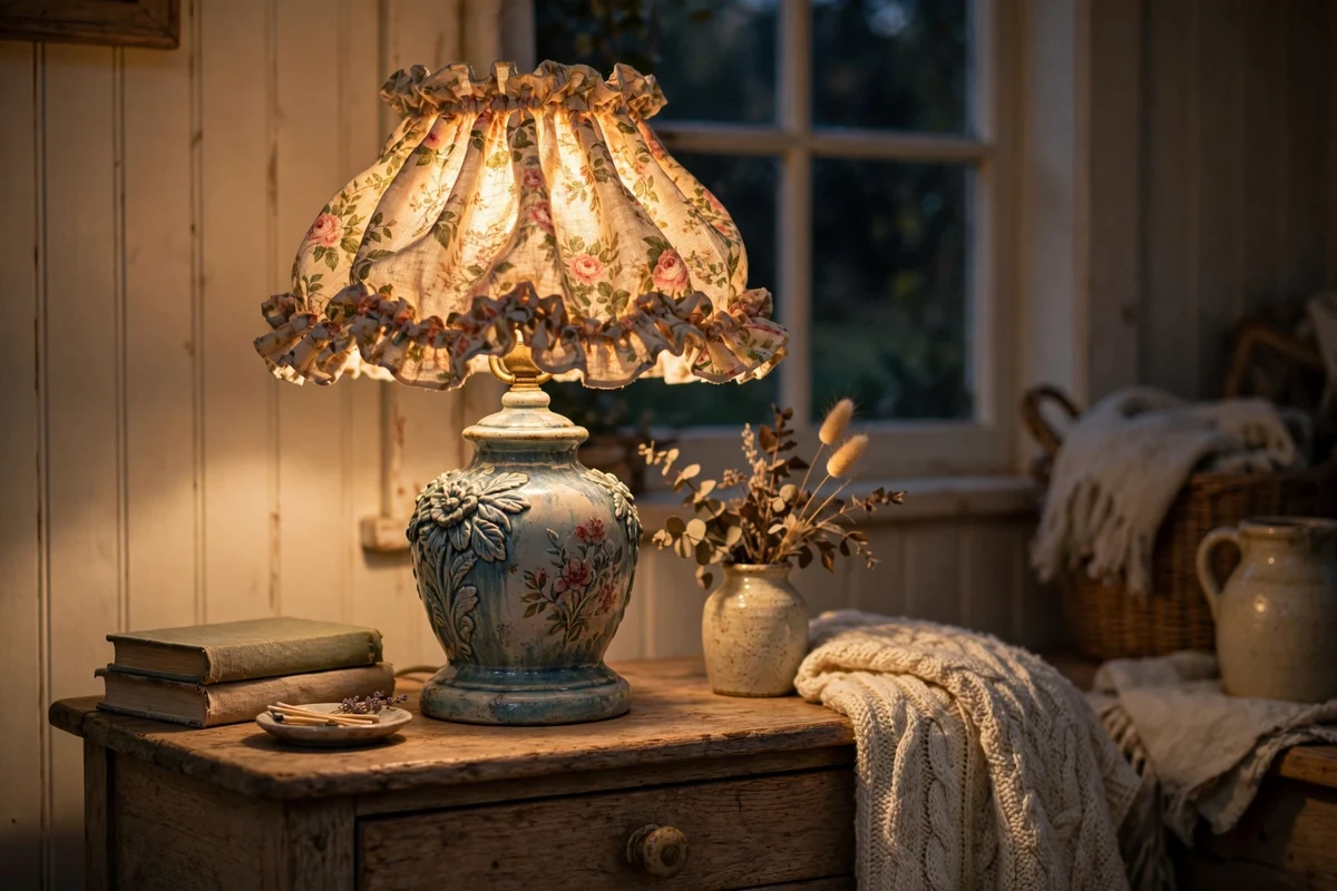 Vintage ceramic lamp with ruffled floral shade glowing on a cottage nightstand