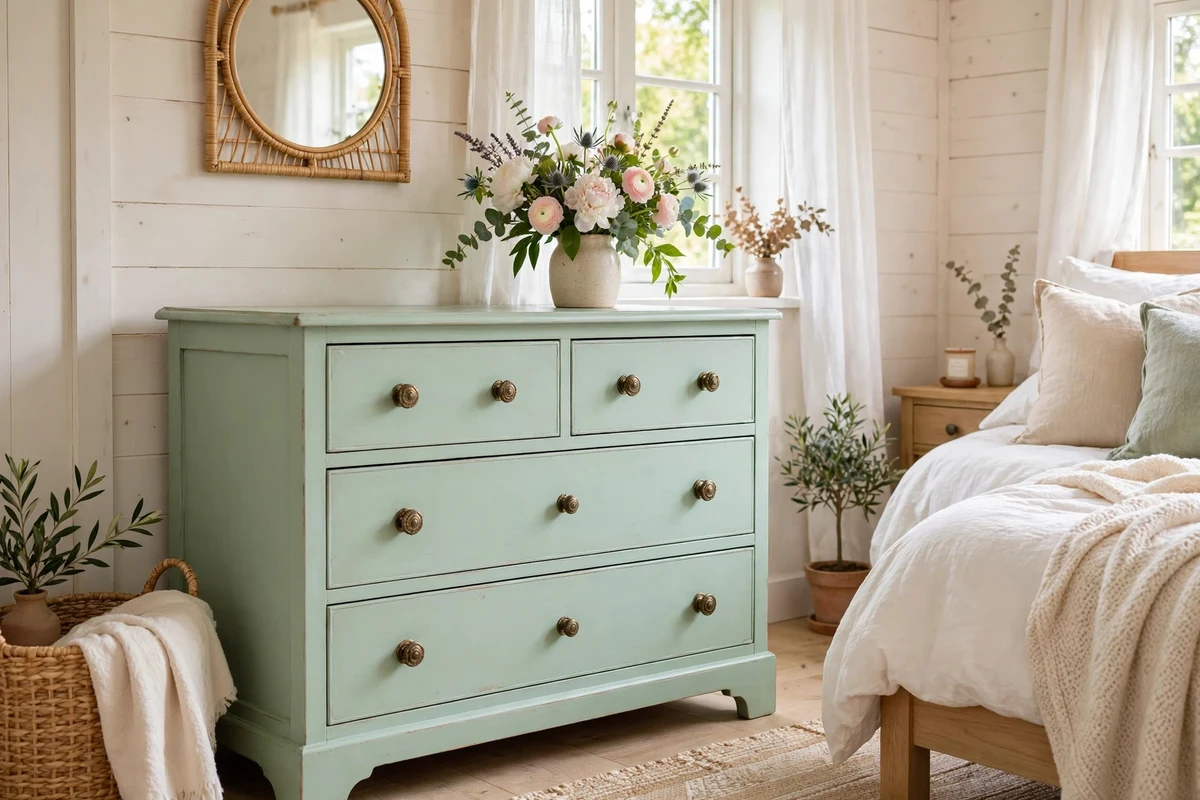 Pastel mint green painted dresser with vintage knobs in a bright cottage bedroom