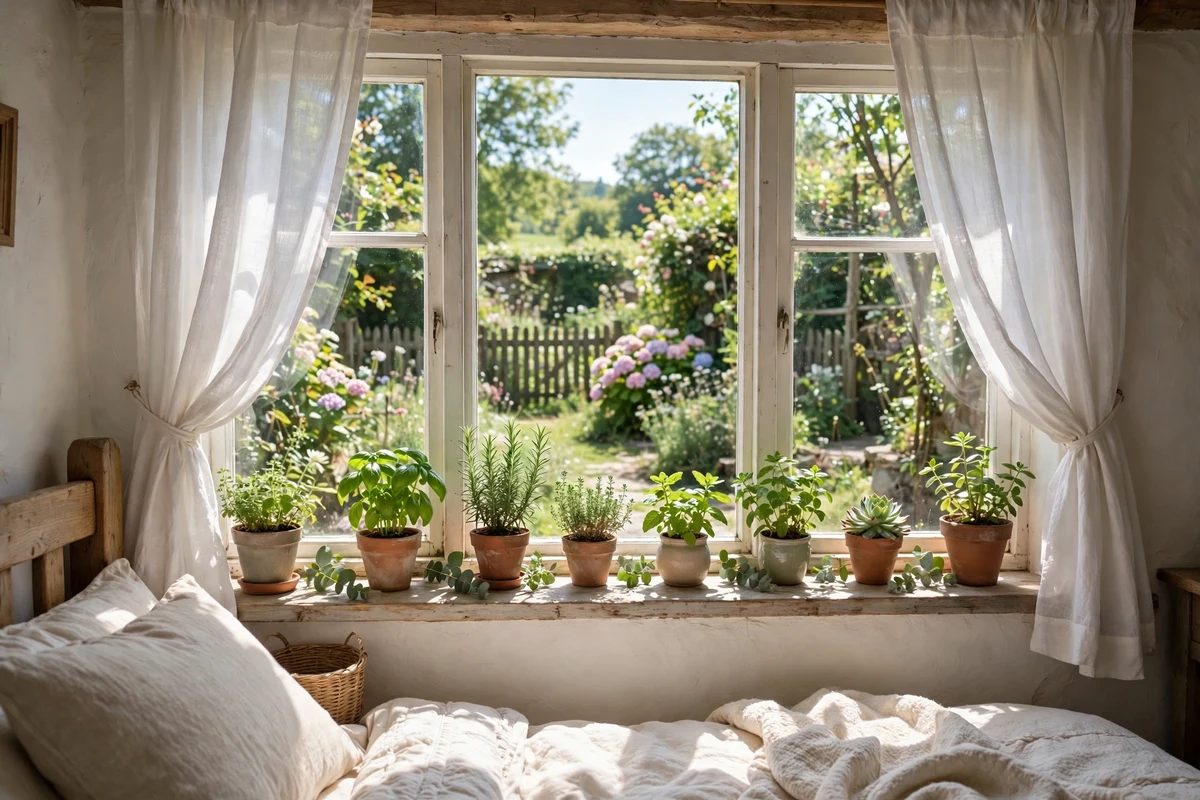 Potted herbs on a sunny cottage bedroom windowsill with garden view