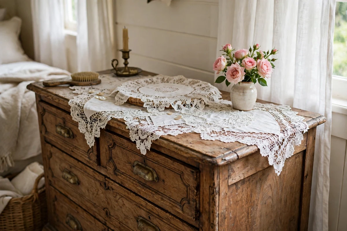 White lace doilies on an antique vanity dresser with roses in a cottage bedroom