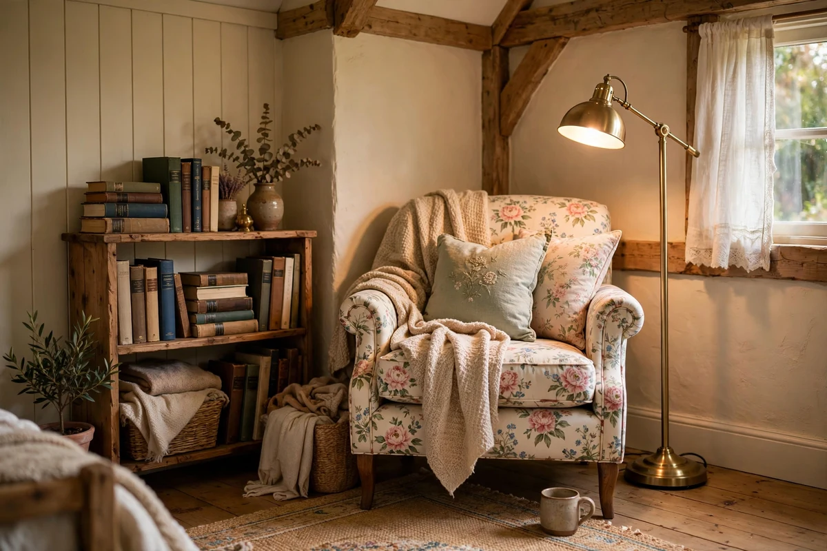 Cozy reading nook with floral armchair and brass lamp in a cottage bedroom corner