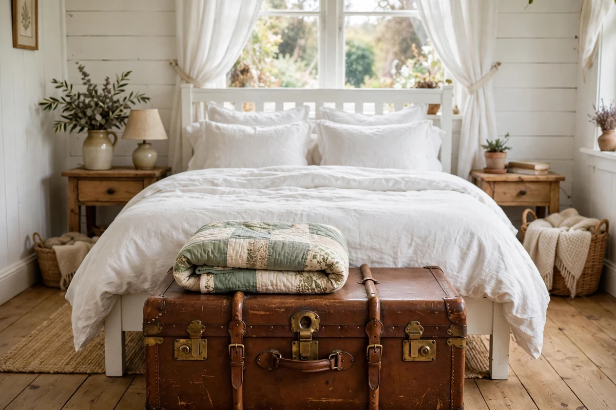 Vintage leather trunk with brass hardware at the foot of a white cottage bed