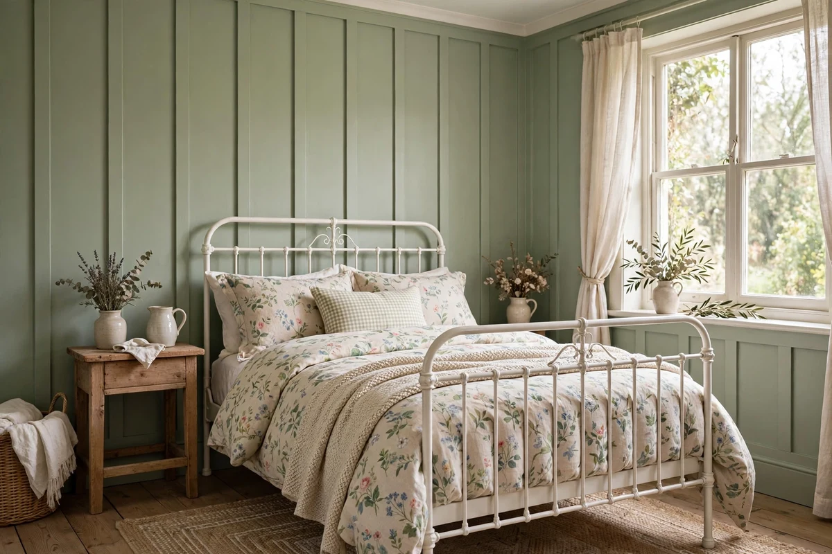 Soft sage green board-and-batten walls in a cottage bedroom with white iron bed