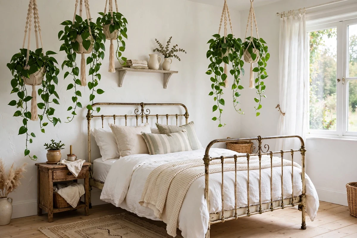 Trailing pothos plants in macrame hangers in a bright cottage bedroom