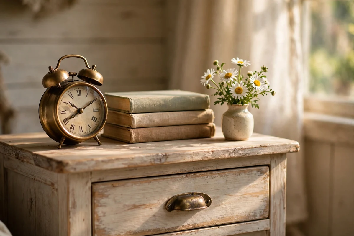 Cottage nightstand styled with vintage alarm clock, books and daisies