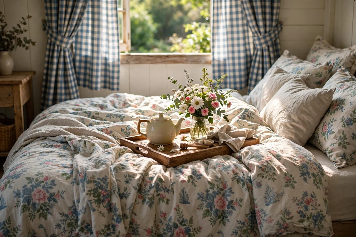 Wooden breakfast tray with teapot and flowers on a floral cottage bed in morning sun