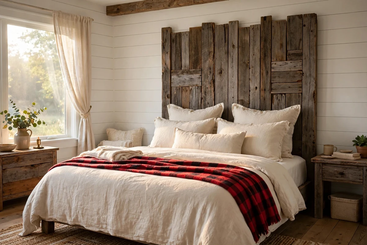 Country bedroom with reclaimed barn wood plank headboard and buffalo check bedding