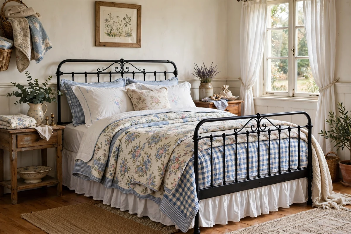 Black iron bed frame with layered floral and gingham quilts in a country bedroom