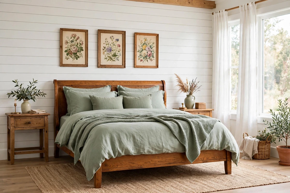 White shiplap accent wall behind a wooden sleigh bed in a country bedroom