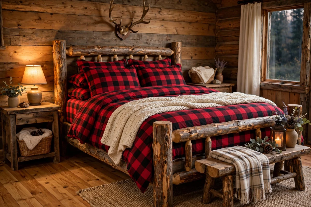 Red and black buffalo check bedding on a log bed frame in a rustic bedroom