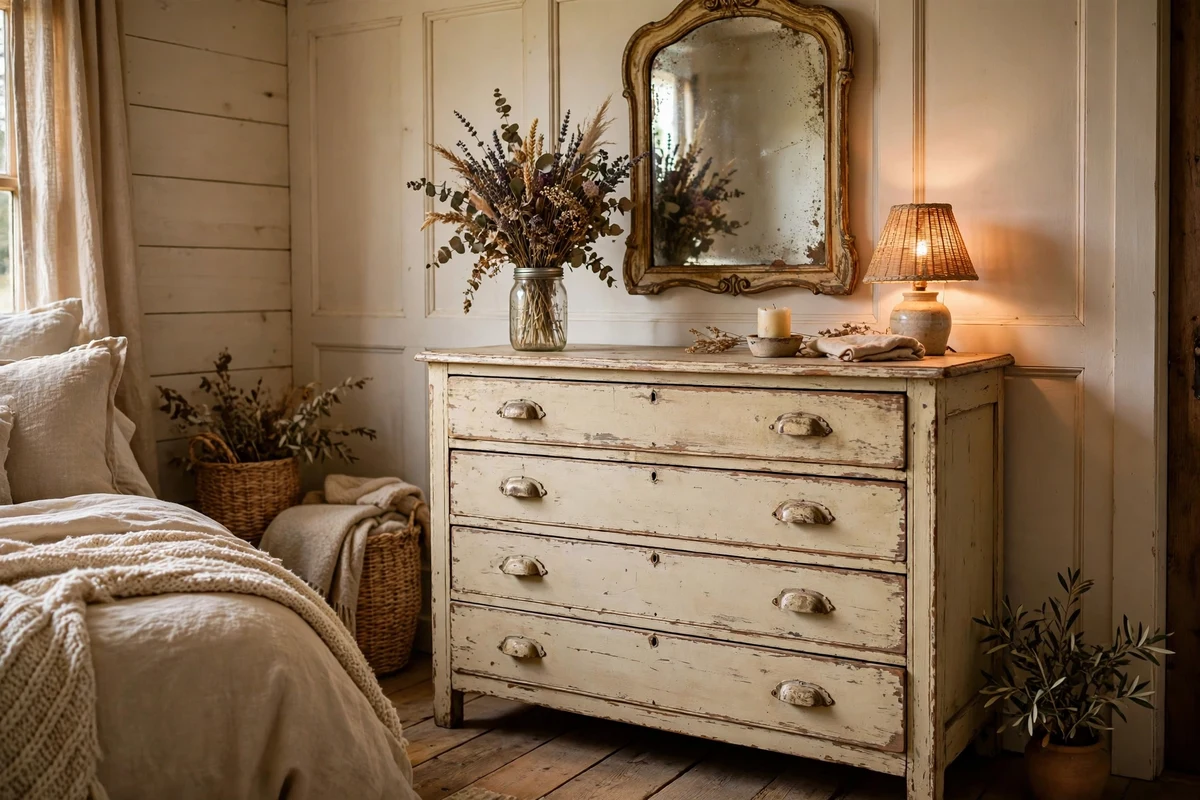 Antique oak farmhouse dresser with vintage mirror and dried flowers in a country bedroom