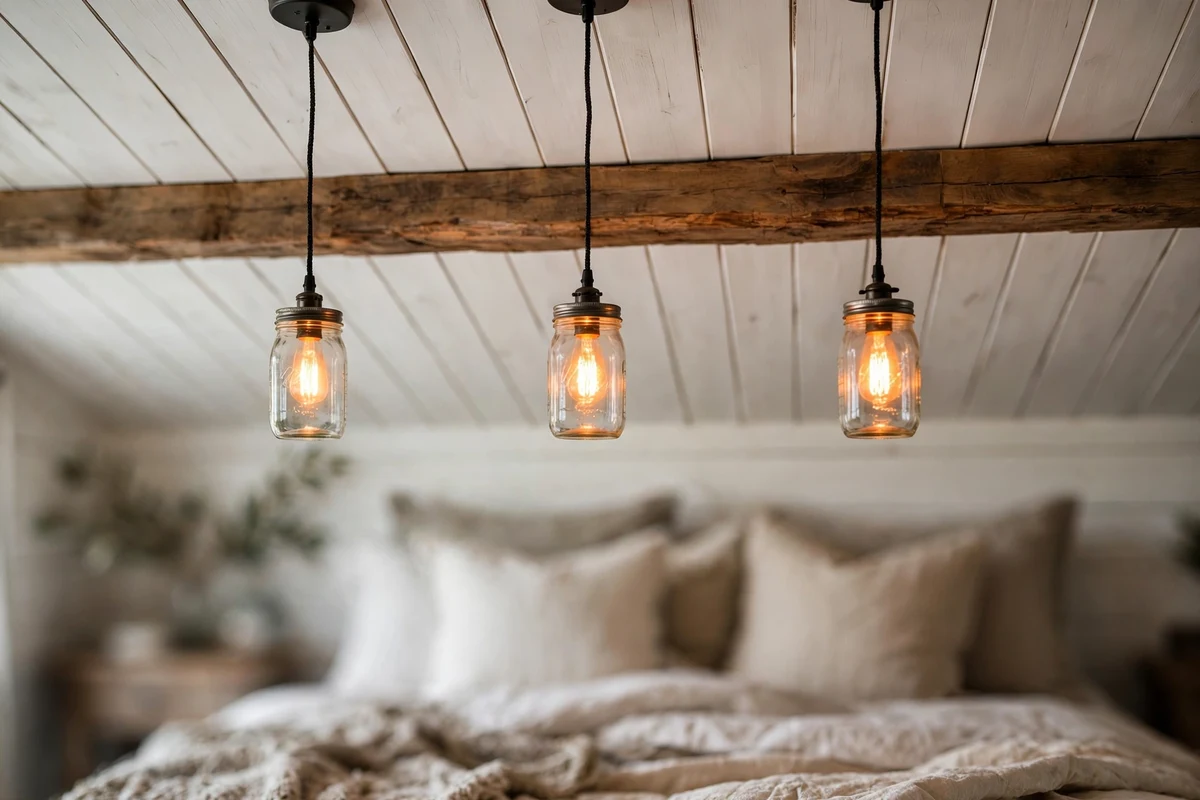 Mason jar pendant lights with Edison bulbs hanging from a wood beam in a farmhouse bedroom