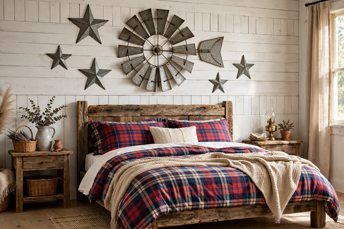 Galvanized metal star and windmill wall decor above a rustic bed in a country bedroom