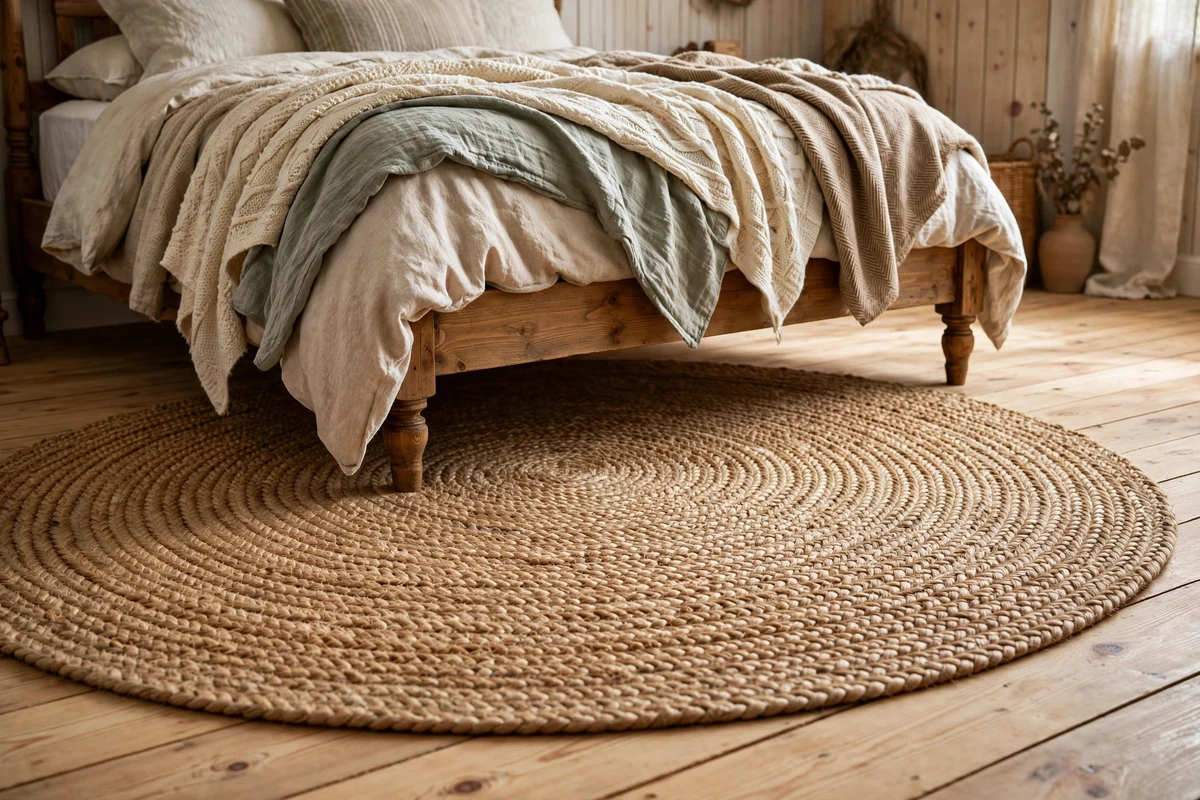 Round woven jute area rug under a farmhouse bed on pine wood floors