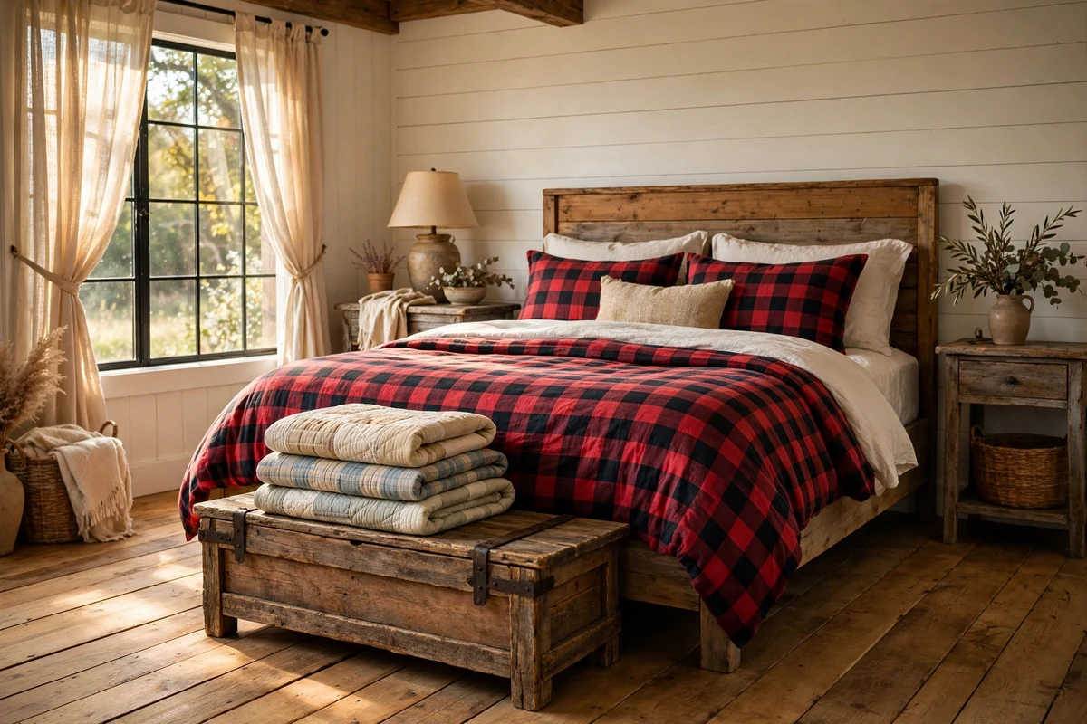 Rustic wooden storage bench with folded quilts at the foot of a farmhouse bed
