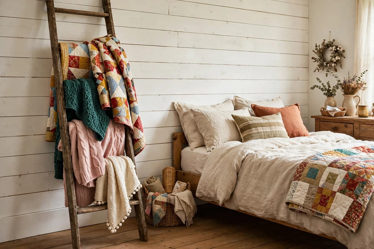 Vintage wooden ladder displaying quilts and throws in a country bedroom corner
