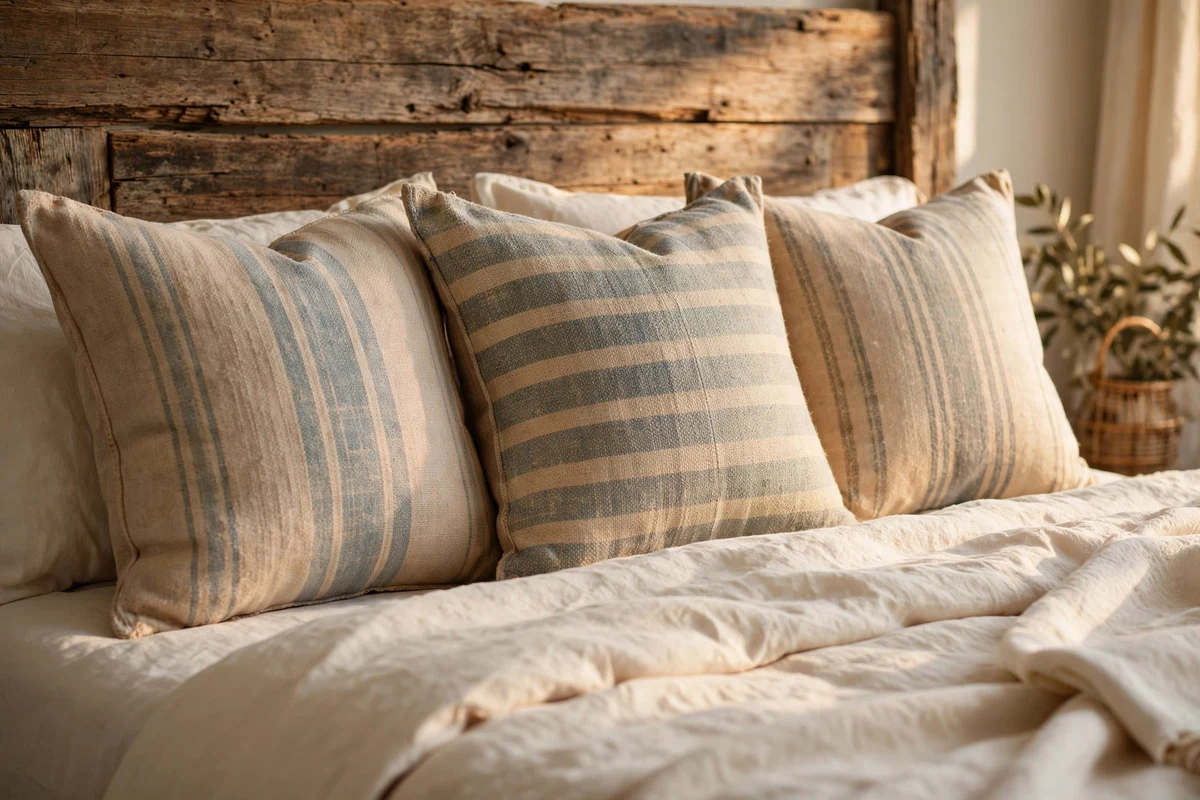 Vintage grain sack throw pillows with faded stripes on a country bed