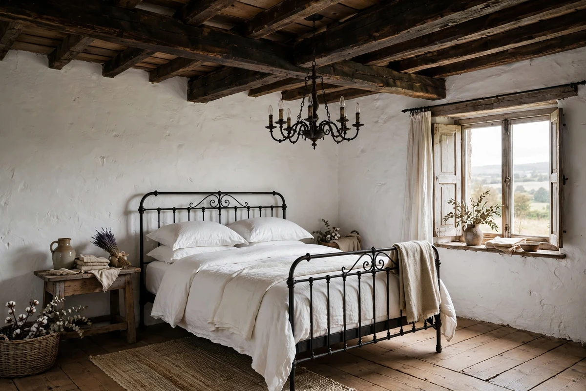 Dark exposed wooden ceiling beams in a country bedroom with iron bed