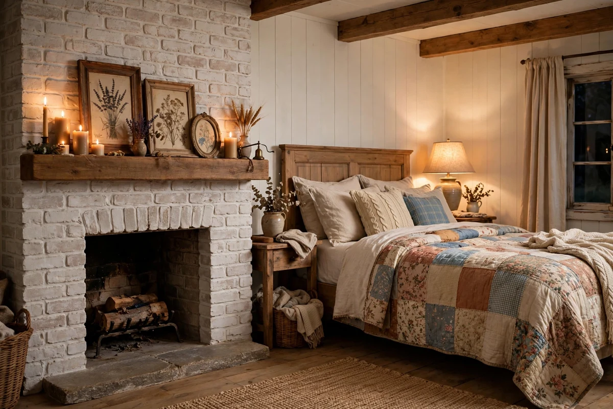 Whitewashed brick fireplace with wooden mantel beside a farmhouse bed