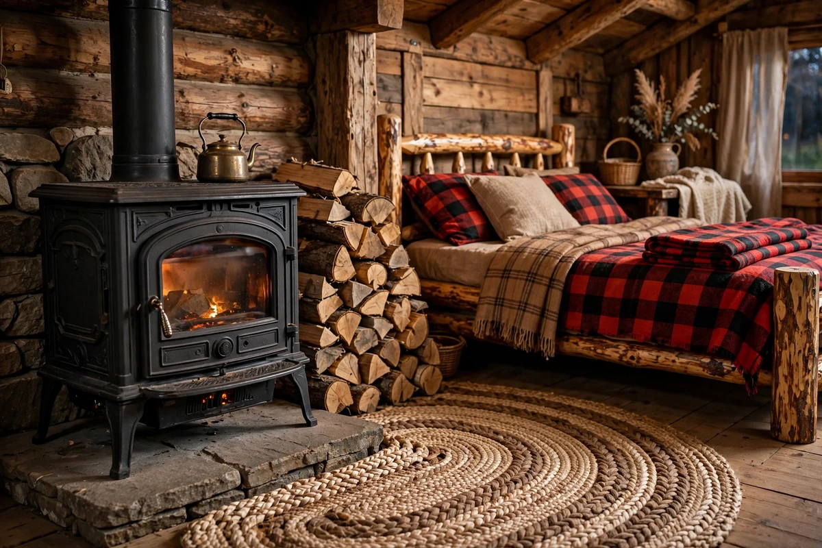Black cast iron wood stove with stacked firewood in a rustic country bedroom corner
