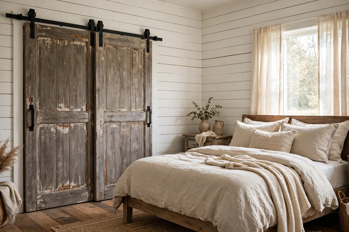 Weathered wood sliding barn doors on black metal hardware in a country bedroom