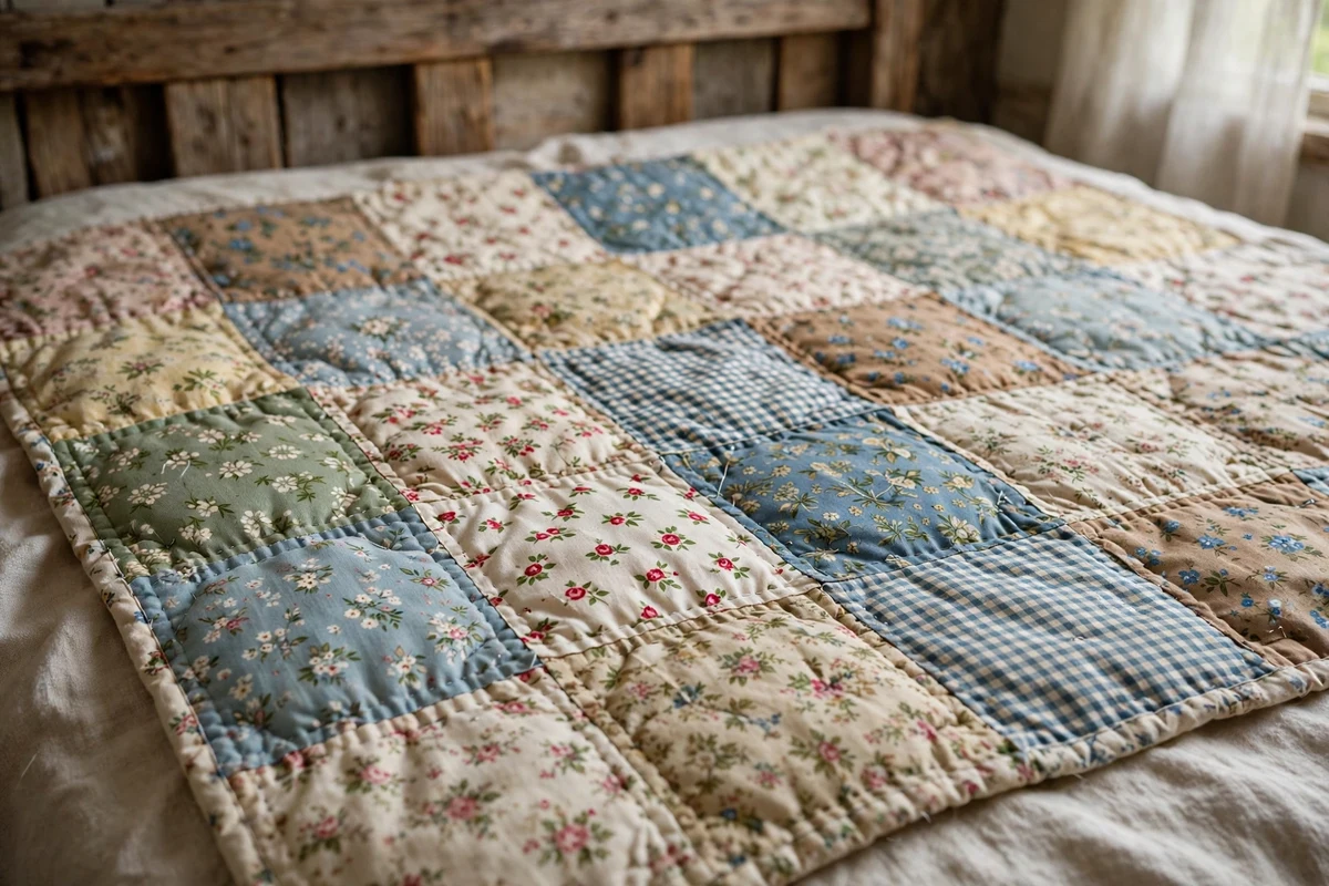Handmade patchwork quilt with vintage floral squares on a country bed